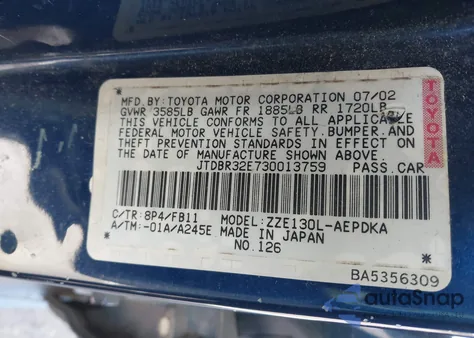 2003 Toyota Corolla Ce z USA, uszkodzony, nr VIN JTDBR32E730013759